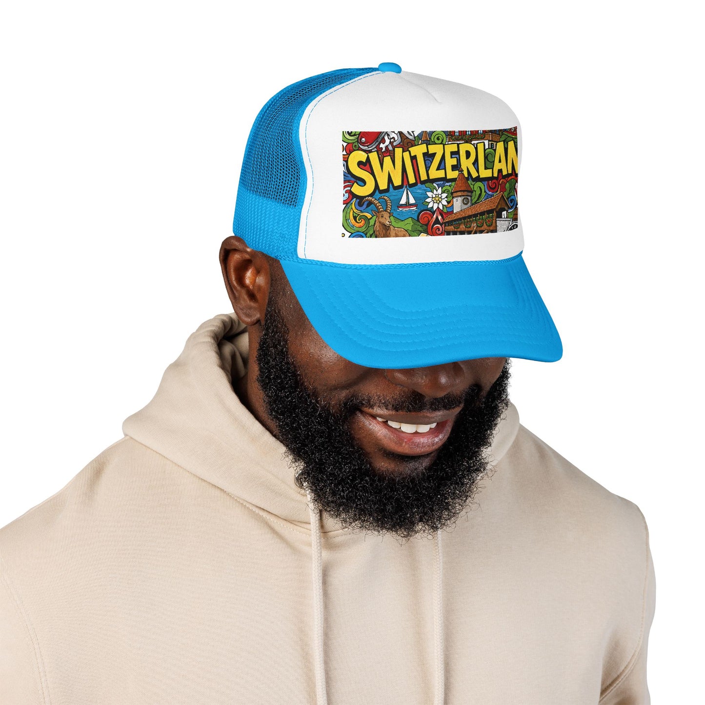 Trucker hat with light blue mesh, white front, blue brim, and colorful Switzerland graphic patch