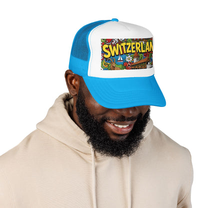 Trucker hat with light blue mesh, white front, blue brim, and colorful Switzerland graphic patch