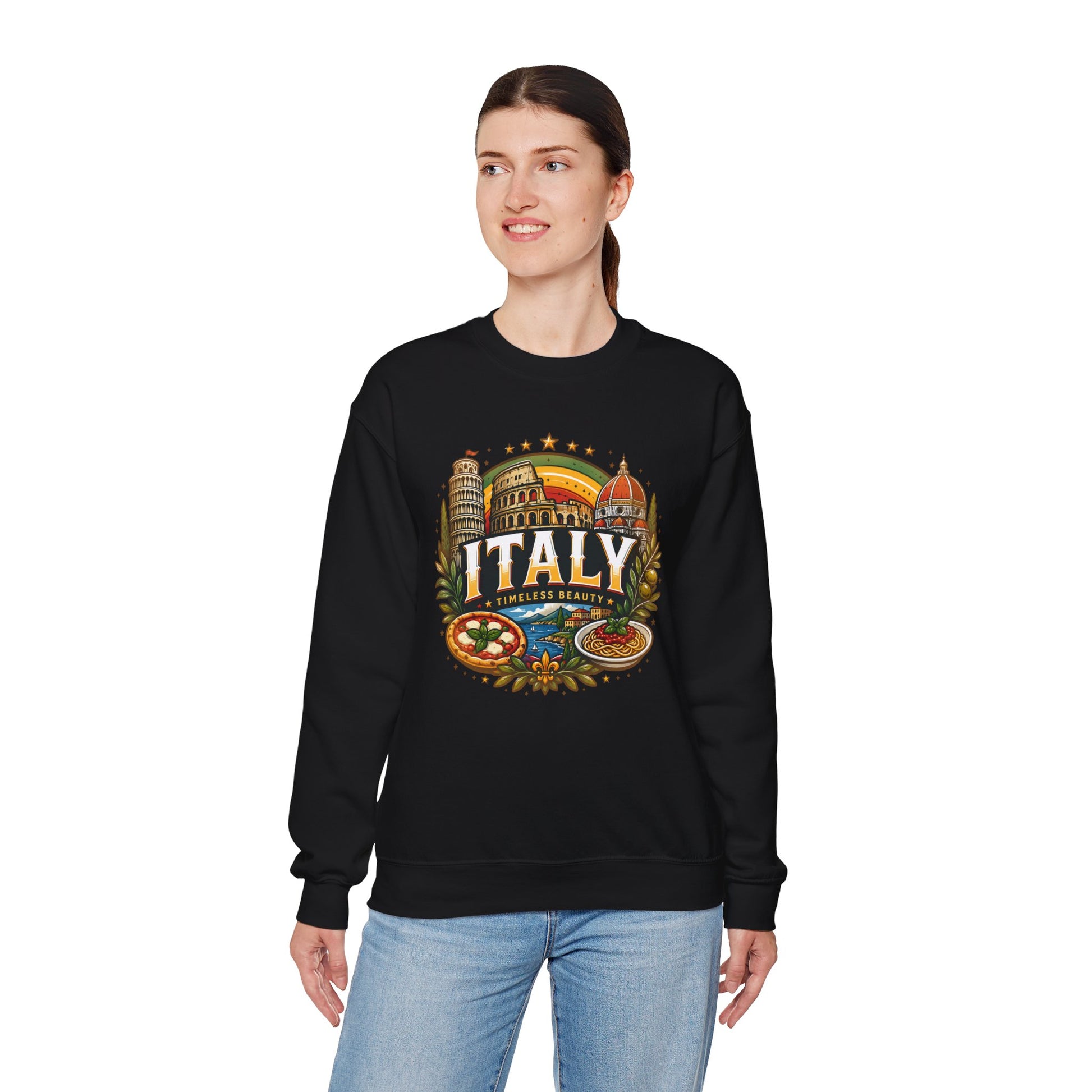 Black crewneck sweatshirt with colorful “Italy” graphic on the front