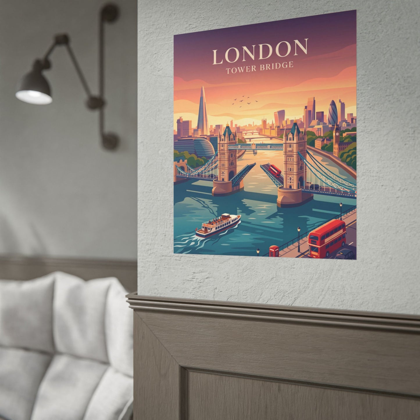 Small Tower Bridge wall poster with riverboats and a red double-decker bus.