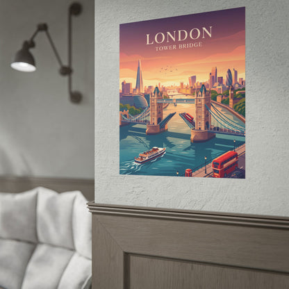 Small Tower Bridge wall poster with riverboats and a red double-decker bus.