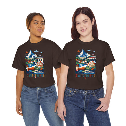 Black t-shirt with colorful Switzerland village graphic on the front.