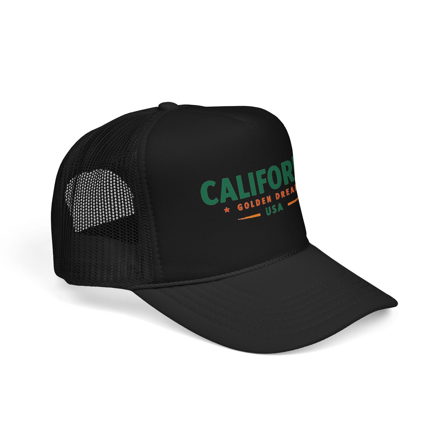 Black mesh trucker hat with front “CALIFORNIA” logo and curved brim.