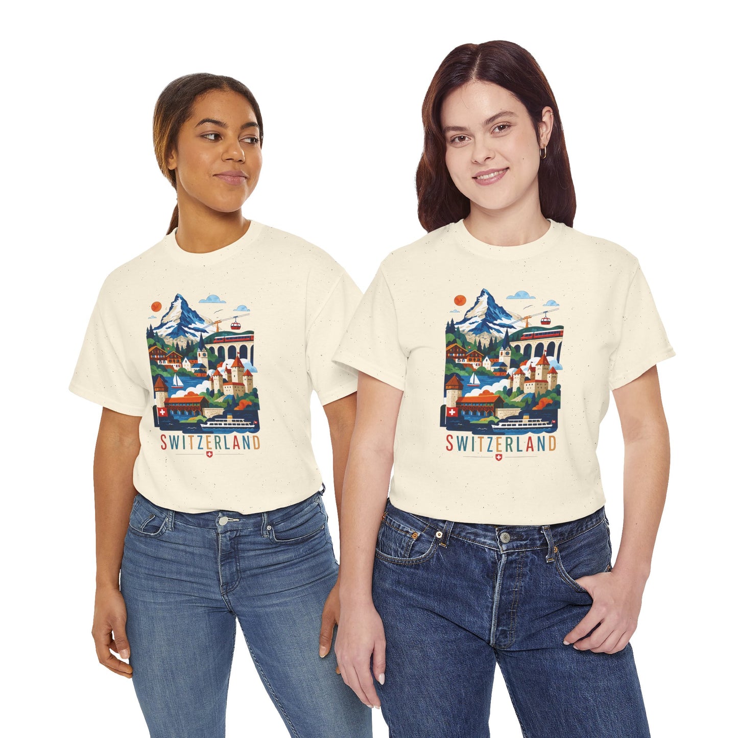 Natural short-sleeve T-shirts with colorful Switzerland village graphic, on two people