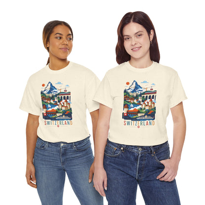 Natural short-sleeve T-shirts with colorful Switzerland village graphic, on two people