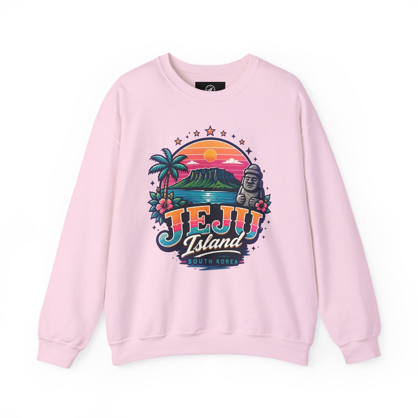 Light pink graphic sweatshirt with colorful JEJU Island front print