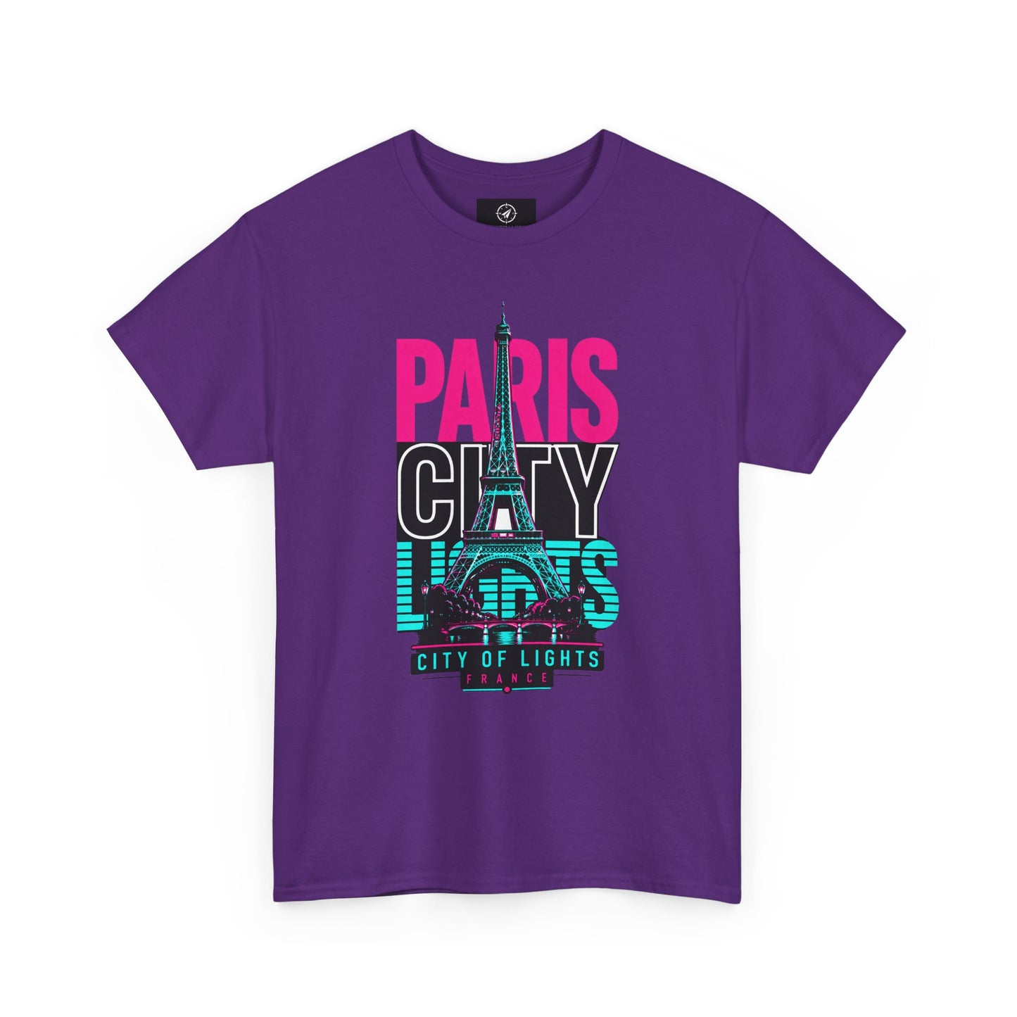 Purple T-shirt with neon Eiffel Tower graphic and 'PARIS CITY LIGHTS' print