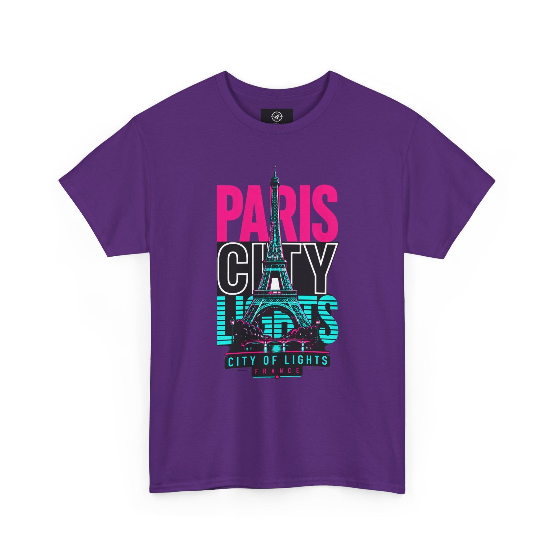 Purple T-shirt with neon Eiffel Tower graphic and 'PARIS CITY LIGHTS' print
