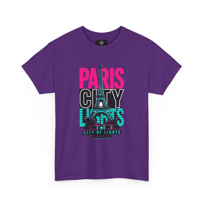 Purple T-shirt with neon Eiffel Tower graphic and 'PARIS CITY LIGHTS' print