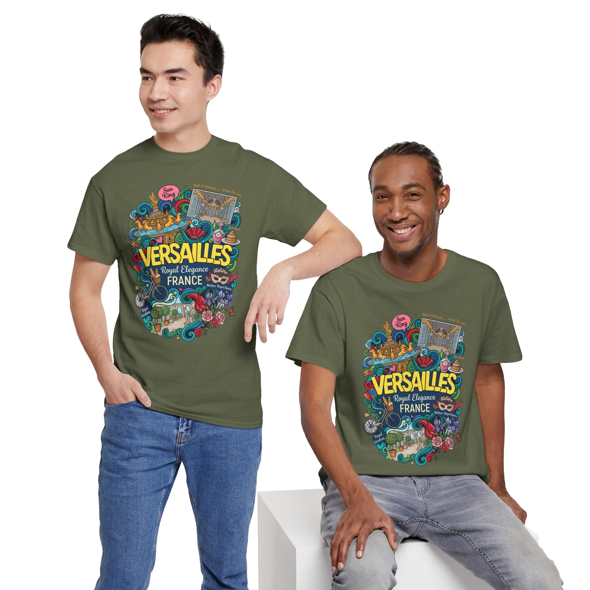 Versailles France illustration T-shirt in olive green, with colorful front graphic print