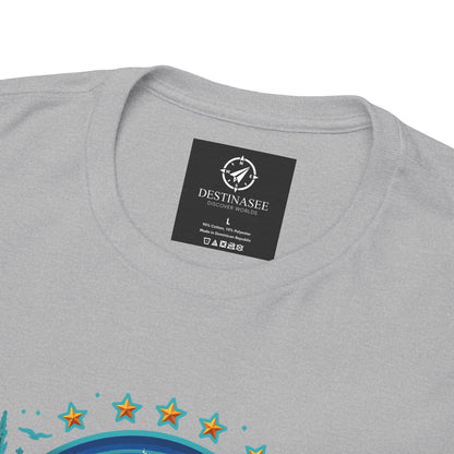 Heather gray crew-neck T-shirt with collar label and partial chest graphic