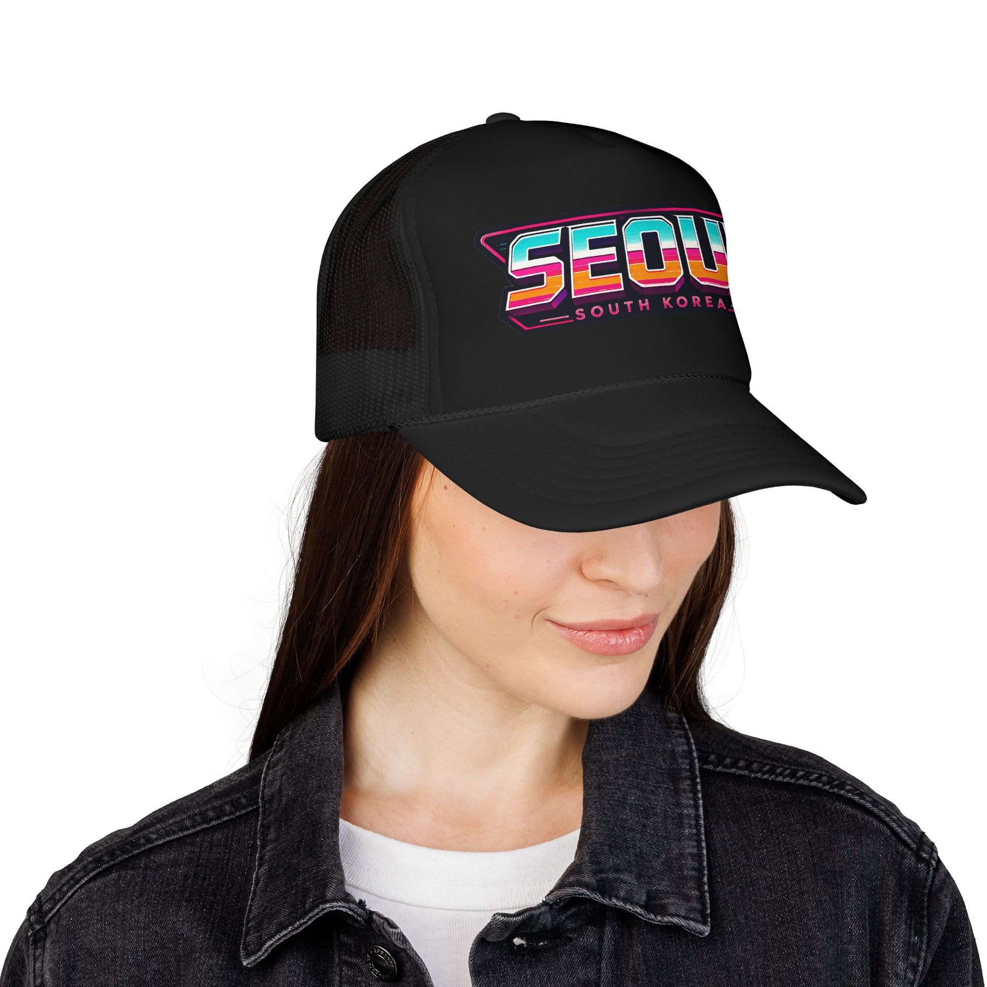 Black trucker hat on model; embroidered “SEOUL SOUTH KOREA” patch logo