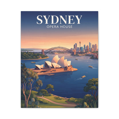 Canvas wall art of Sydney Opera House waterfront with bridge and city skyline.