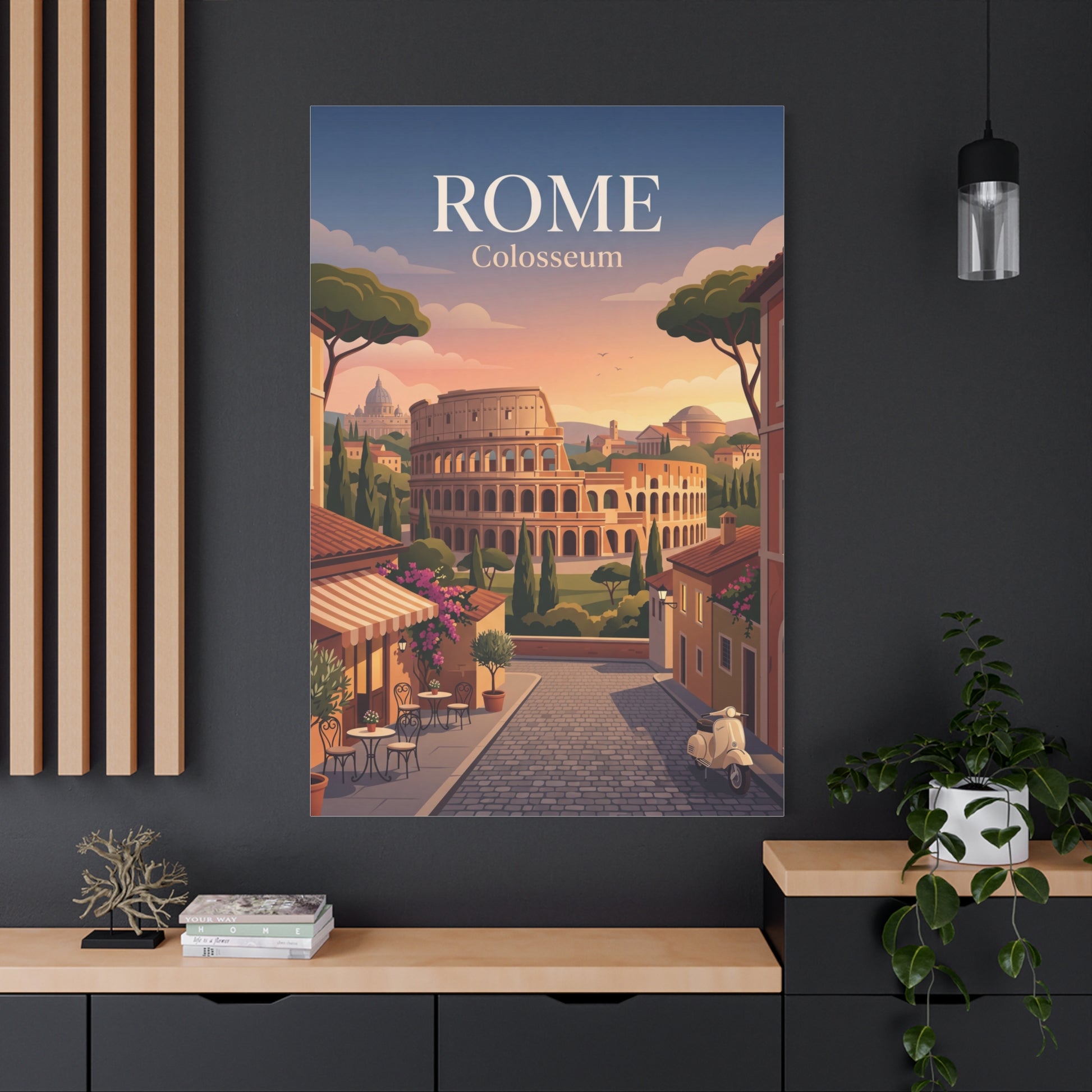 Matte canvas print with blue border showing Colosseum view in Rome, trees, sunset