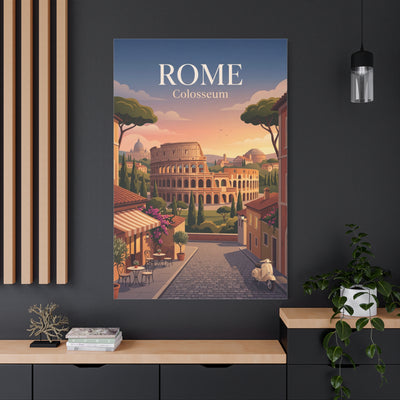 Matte canvas print with blue border showing Colosseum view in Rome, trees, sunset