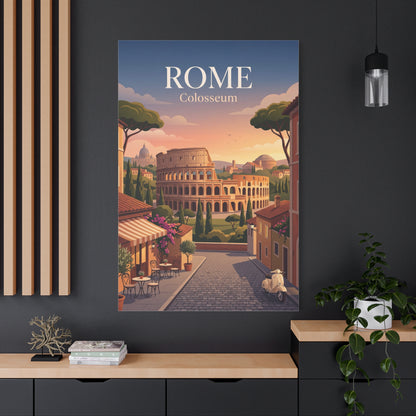 Matte canvas print with blue border showing Colosseum view in Rome, trees, sunset
