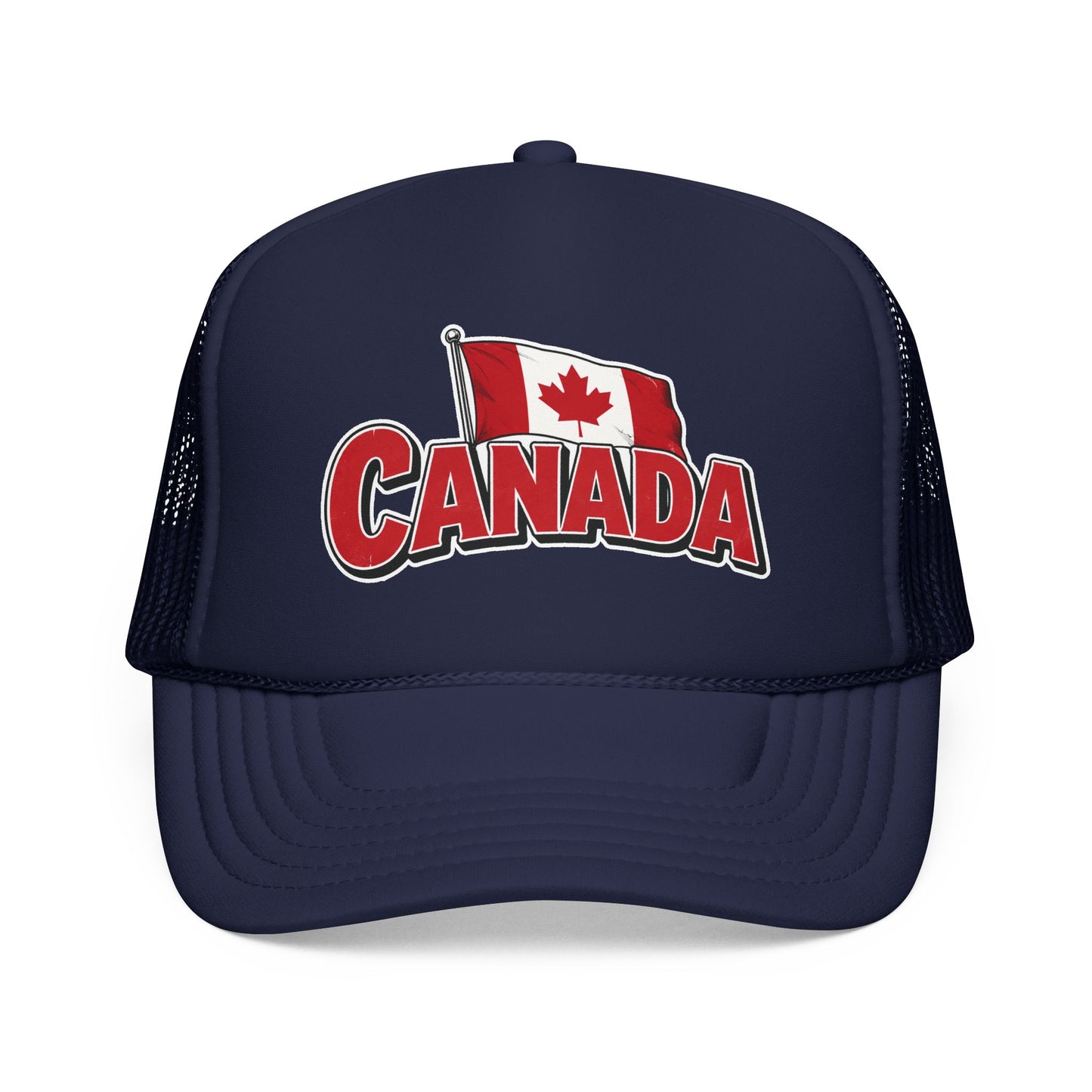 Dark navy trucker hat with Canada flag patch and red “CANADA” logo on the front panel.