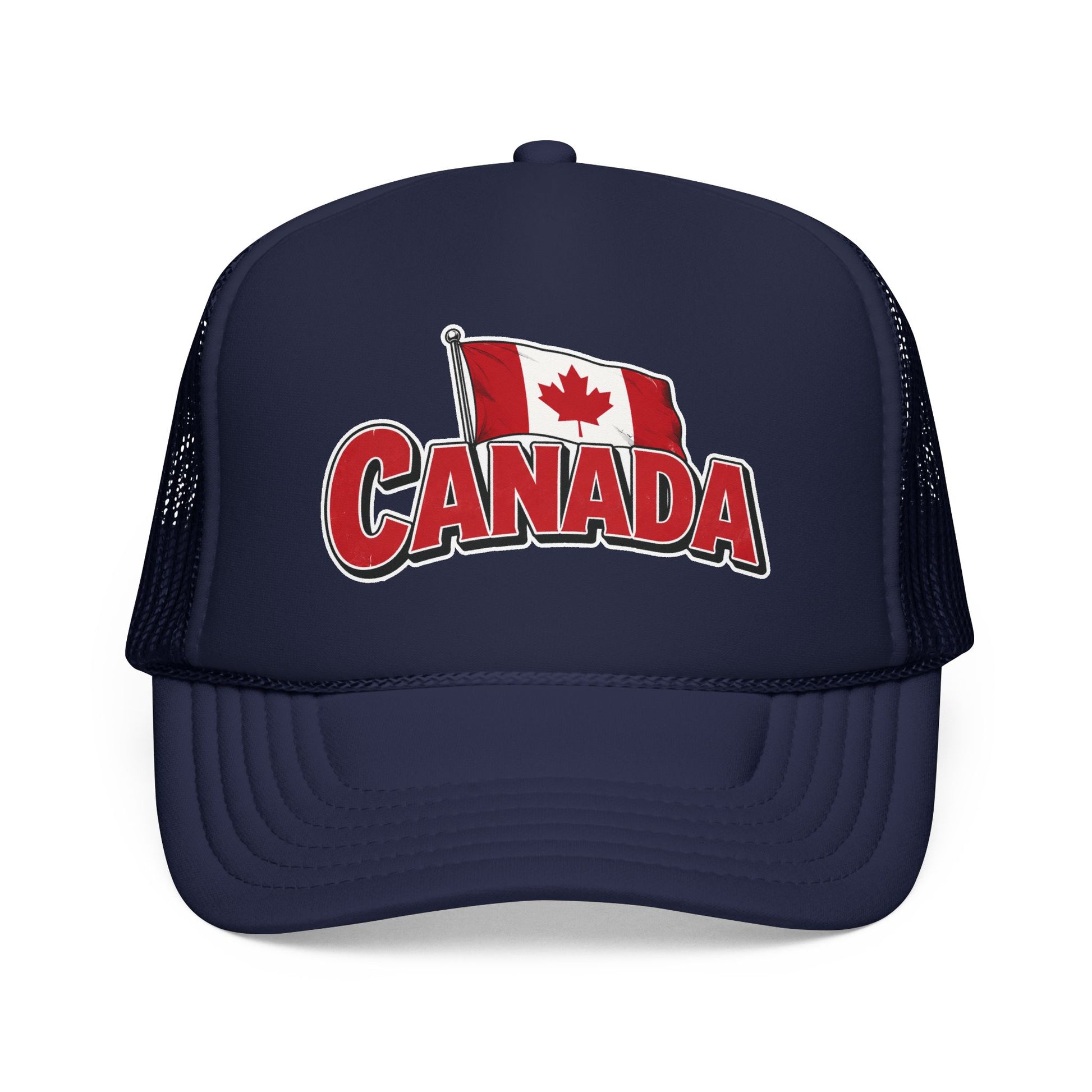 Dark navy trucker hat with Canada flag patch and red “CANADA” logo on the front panel.