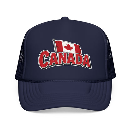 Dark navy trucker hat with Canada flag patch and red “CANADA” logo on the front panel.