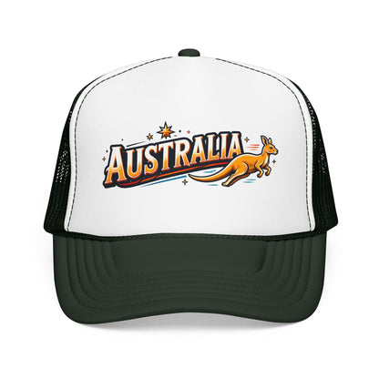 White trucker hat with dark green brim and dark mesh panels; kangaroo graphic