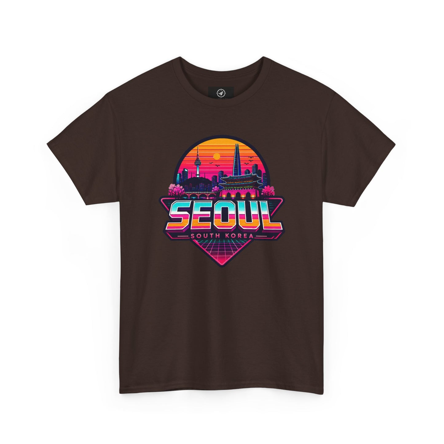 Dark brown Seoul retro city T-shirt with colorful sunset skyline logo on front