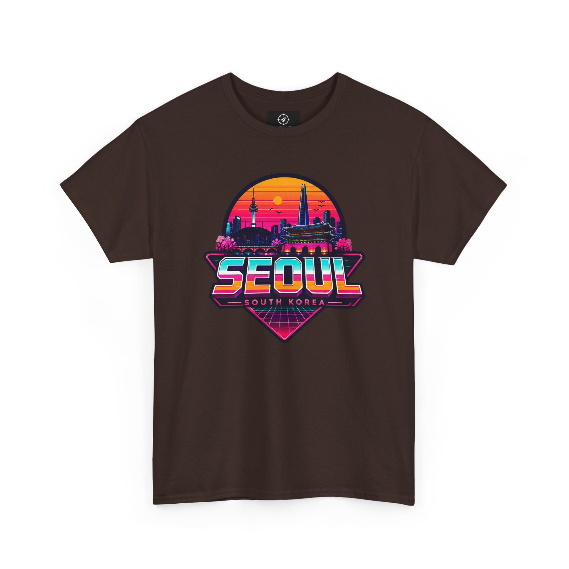 Dark brown Seoul retro city T-shirt with colorful sunset skyline logo on front