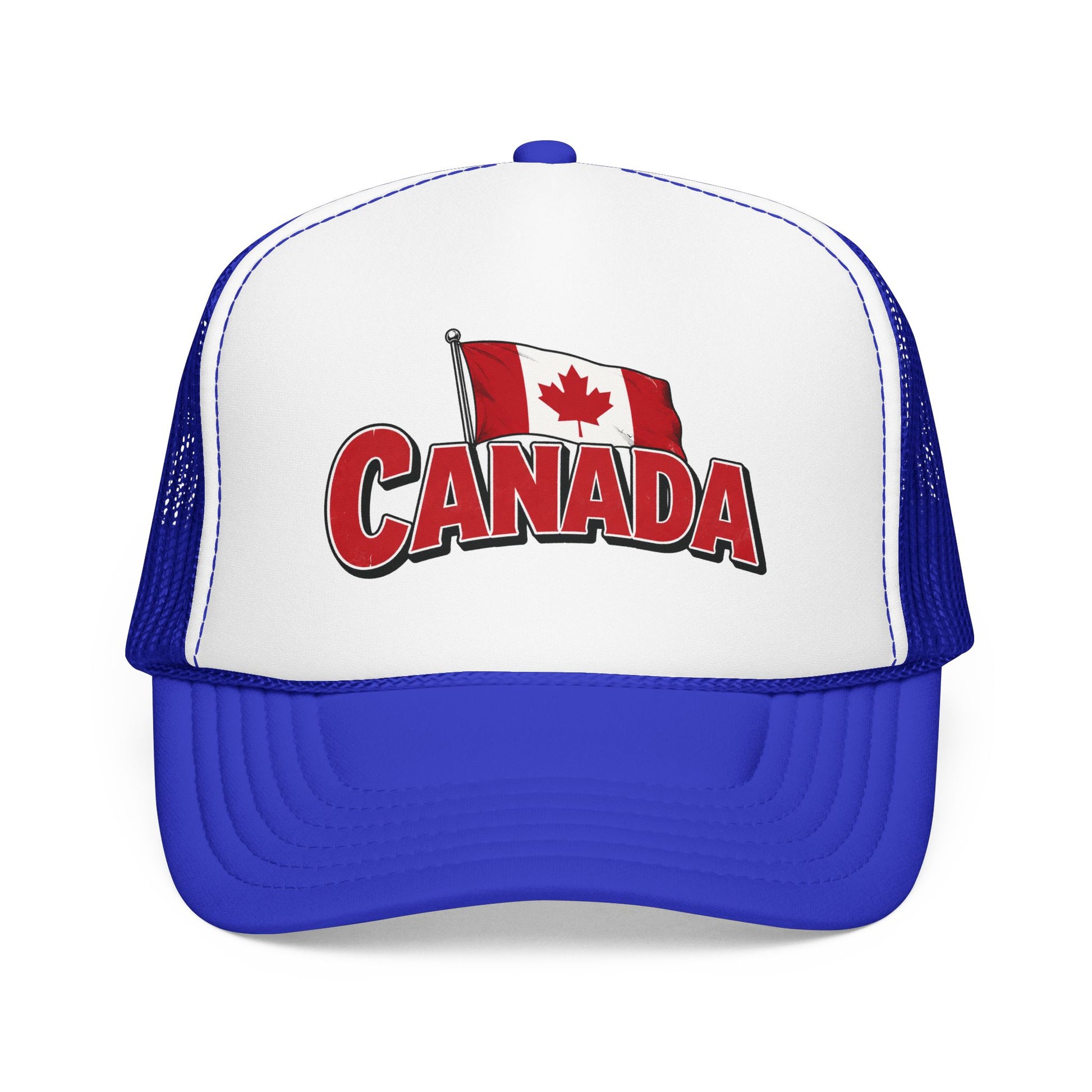 Royal blue and white trucker hat with Canada flag patch and red “CANADA” logo on front.