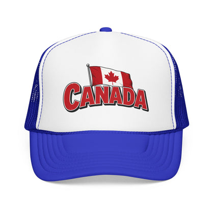 Royal blue and white trucker hat with Canada flag patch and red “CANADA” logo on front.
