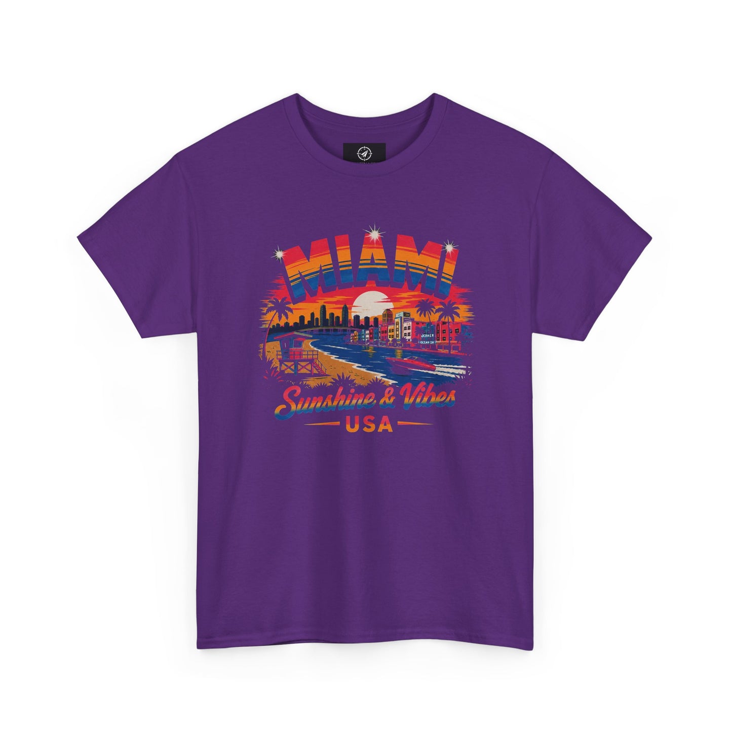 Purple short-sleeve T-shirt with colorful Miami city “Sunshine & Vibes” USA print