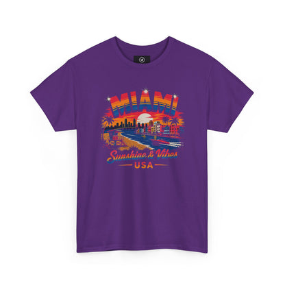 Purple short-sleeve T-shirt with colorful Miami city “Sunshine & Vibes” USA print
