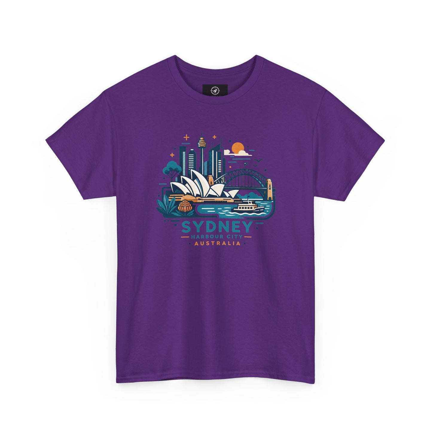 Purple short-sleeve t-shirt with Sydney cityscape graphic on the chest