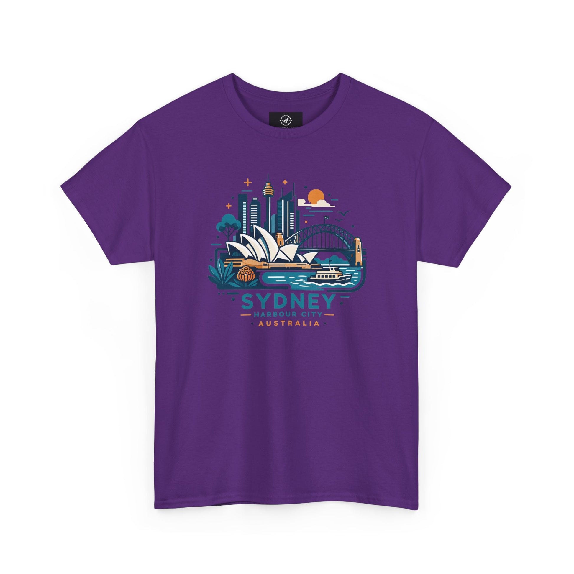 Purple short-sleeve t-shirt with Sydney cityscape graphic on the chest