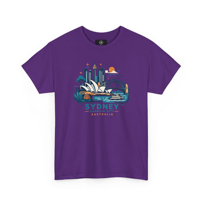 Purple short-sleeve t-shirt with Sydney cityscape graphic on the chest