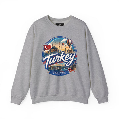 Heather gray crewneck sweatshirt with Turkey graphic, long sleeves