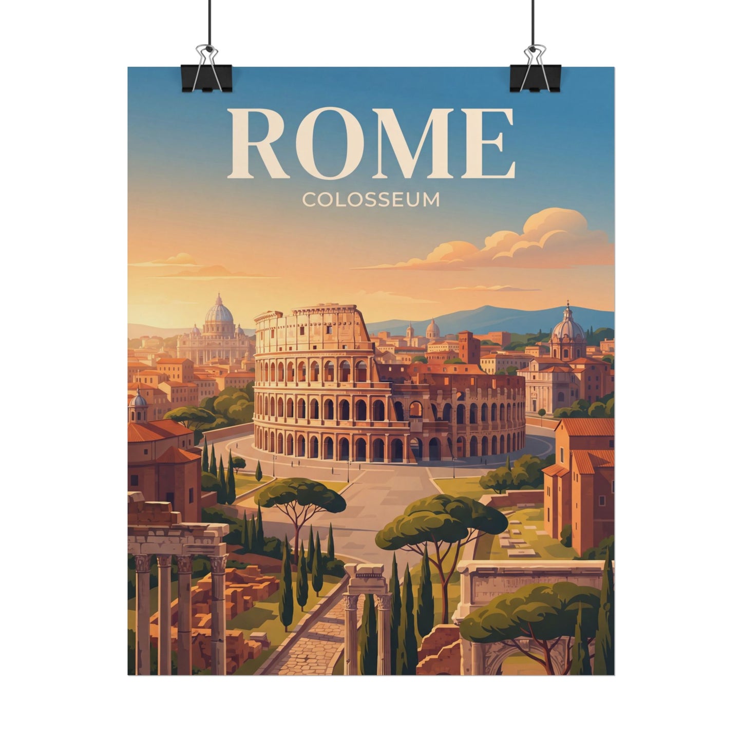Rome Colosseum paper poster with sunrise sky and large amphitheater illustration