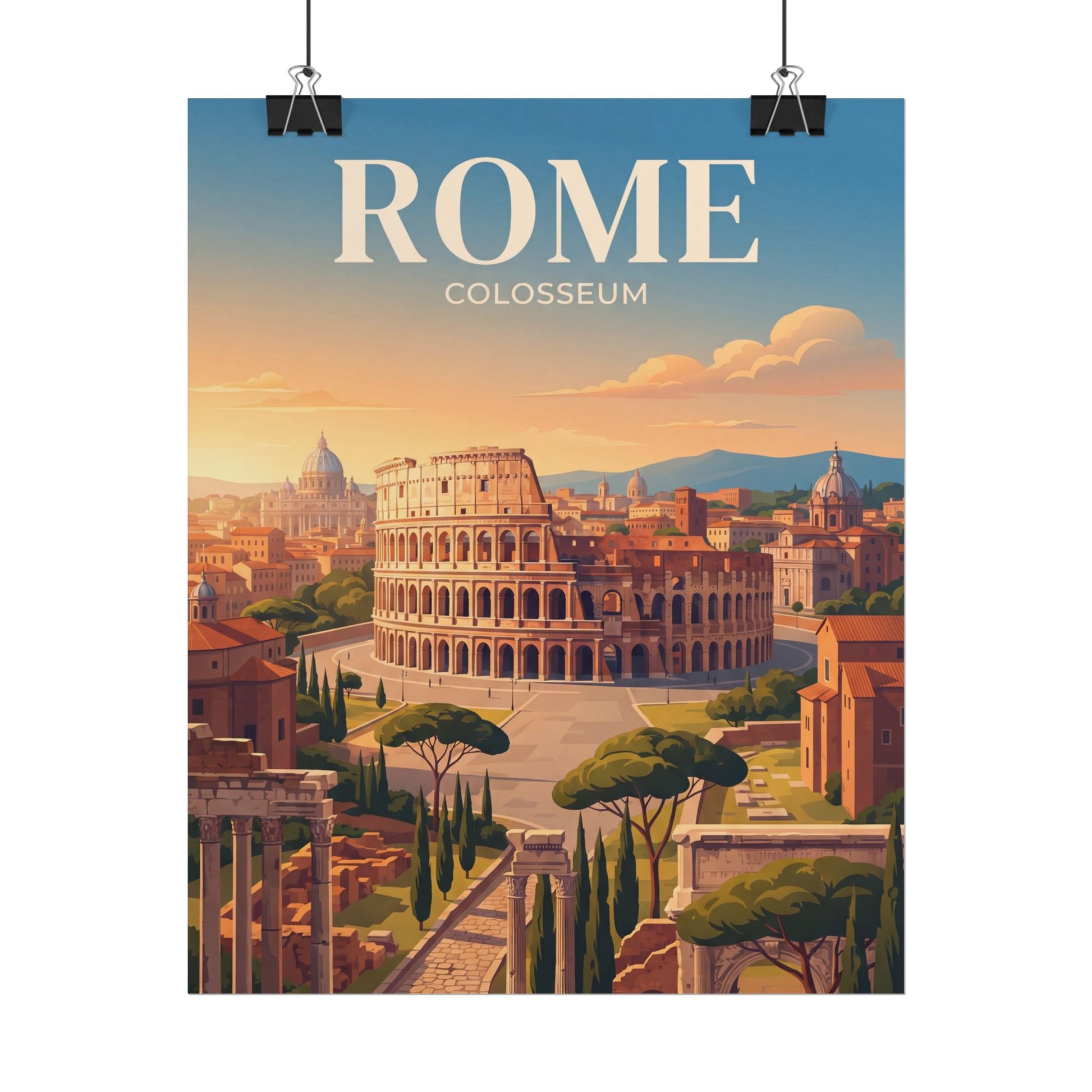 Rome Colosseum paper poster with sunrise sky and large amphitheater illustration