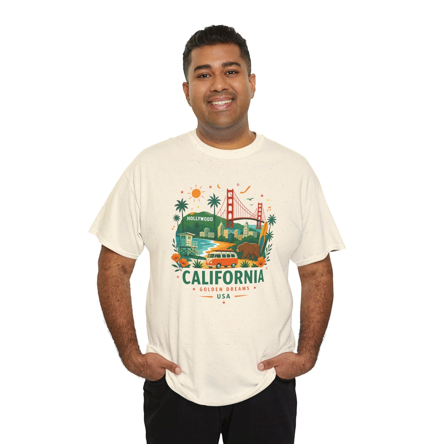 Natural unisex T-shirt with crew neck and colorful California skyline graphic
