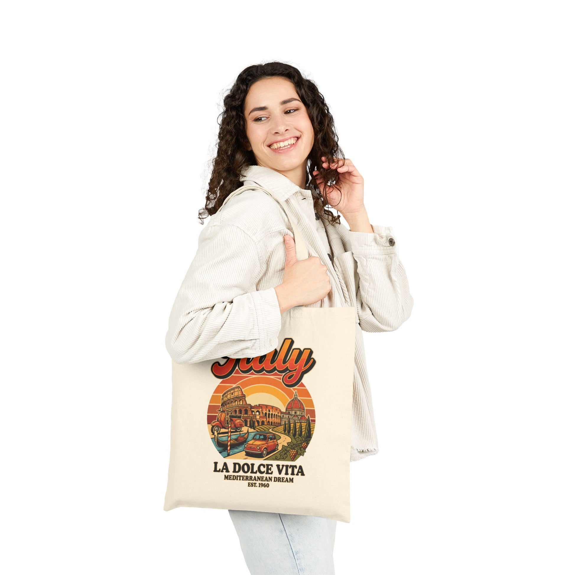 Natural canvas tote bag worn by model with front Italy graphic