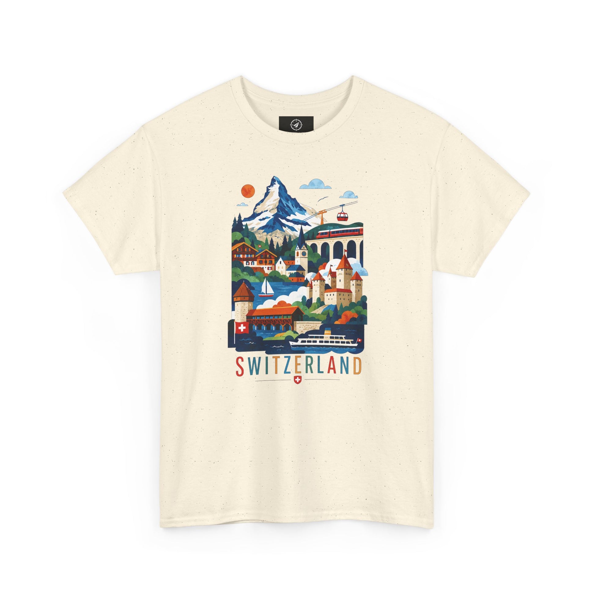 Cream short-sleeve T-shirt with Switzerland town graphic print