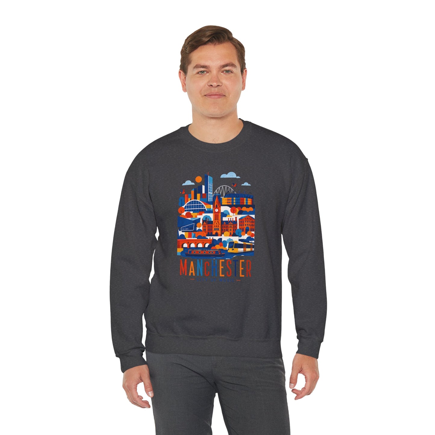 Dark grey crewneck sweatshirt with colorful Manchester cityscape graphic on front