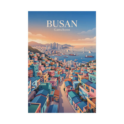 Rolled travel poster with Busan Gamecheon waterfront harbor and town rooftops