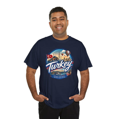 Navy crewneck T-shirt with circular Turkey graphic, front worn by man