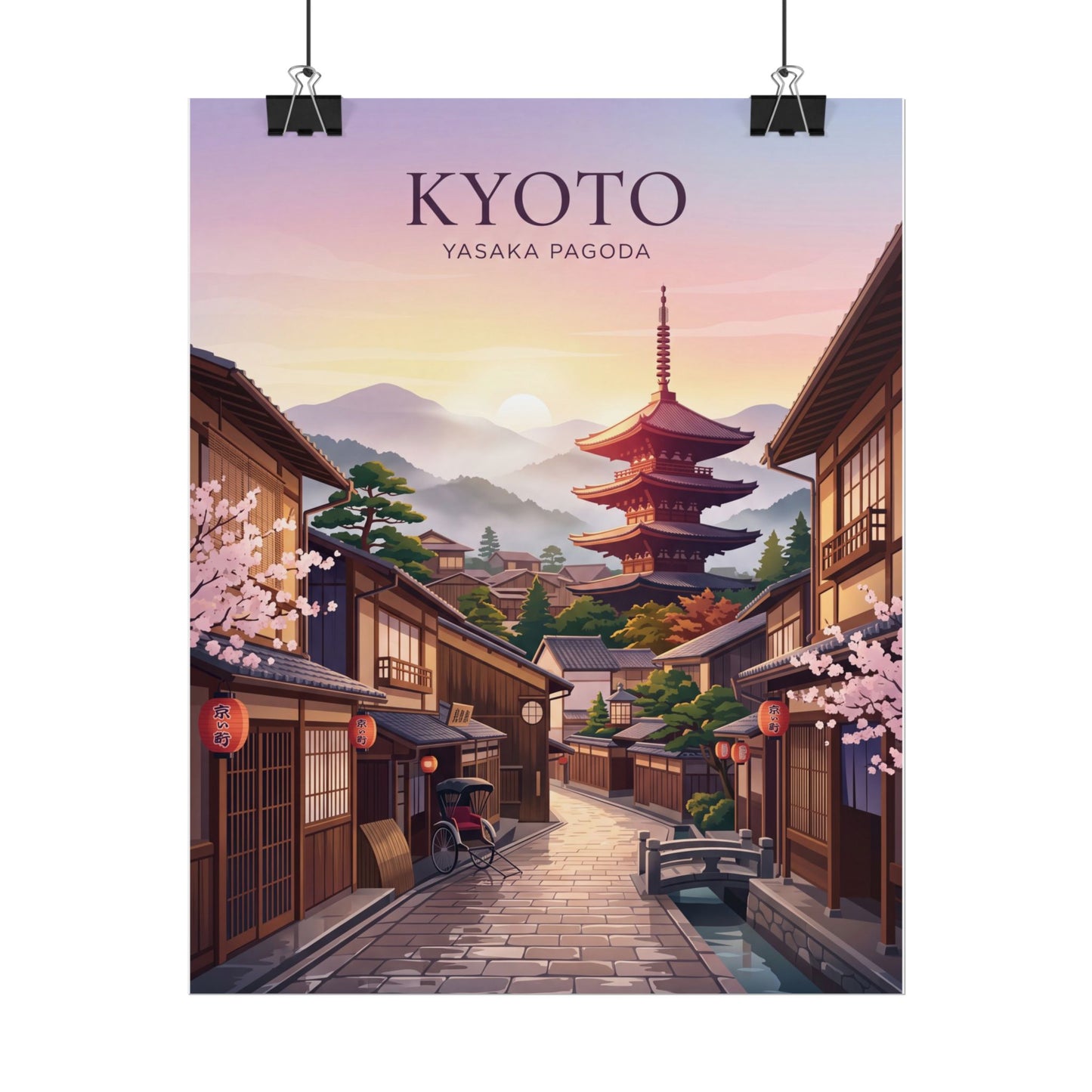 Rolled poster featuring Kyoto street view with Yasaka Pagoda at sunset, text header included.