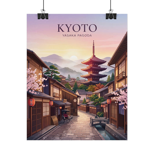Rolled poster featuring Kyoto street view with Yasaka Pagoda at sunset, text header included.