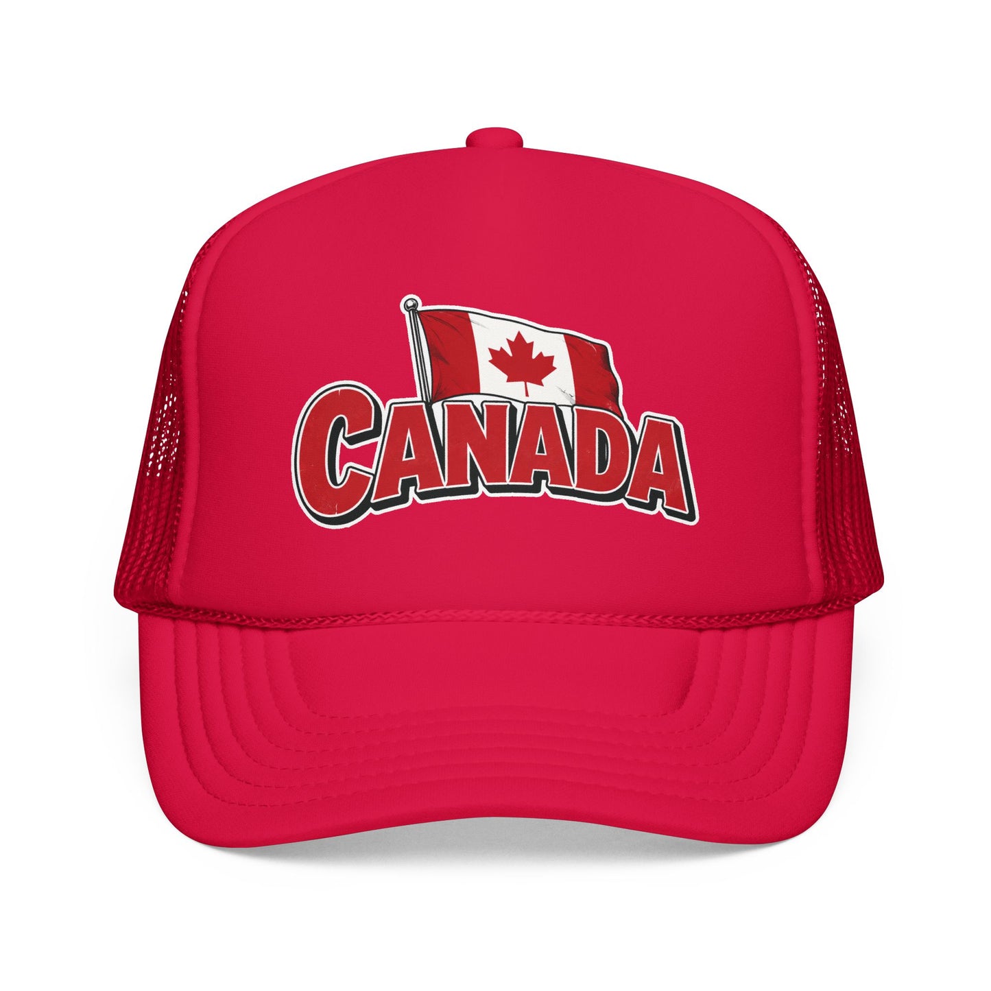 Red trucker hat with mesh sides and Canada flag “CANADA” front logo