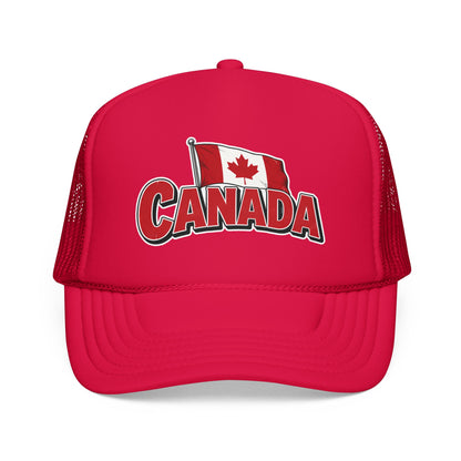 Red trucker hat with mesh sides and Canada flag “CANADA” front logo