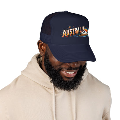 Navy trucker cap with mesh back and Australia sunset logo on the front