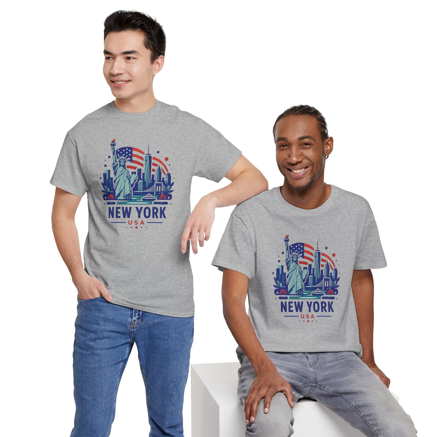 Light gray T-shirt with Statue of Liberty “NEW YORK USA” front print, worn by two models