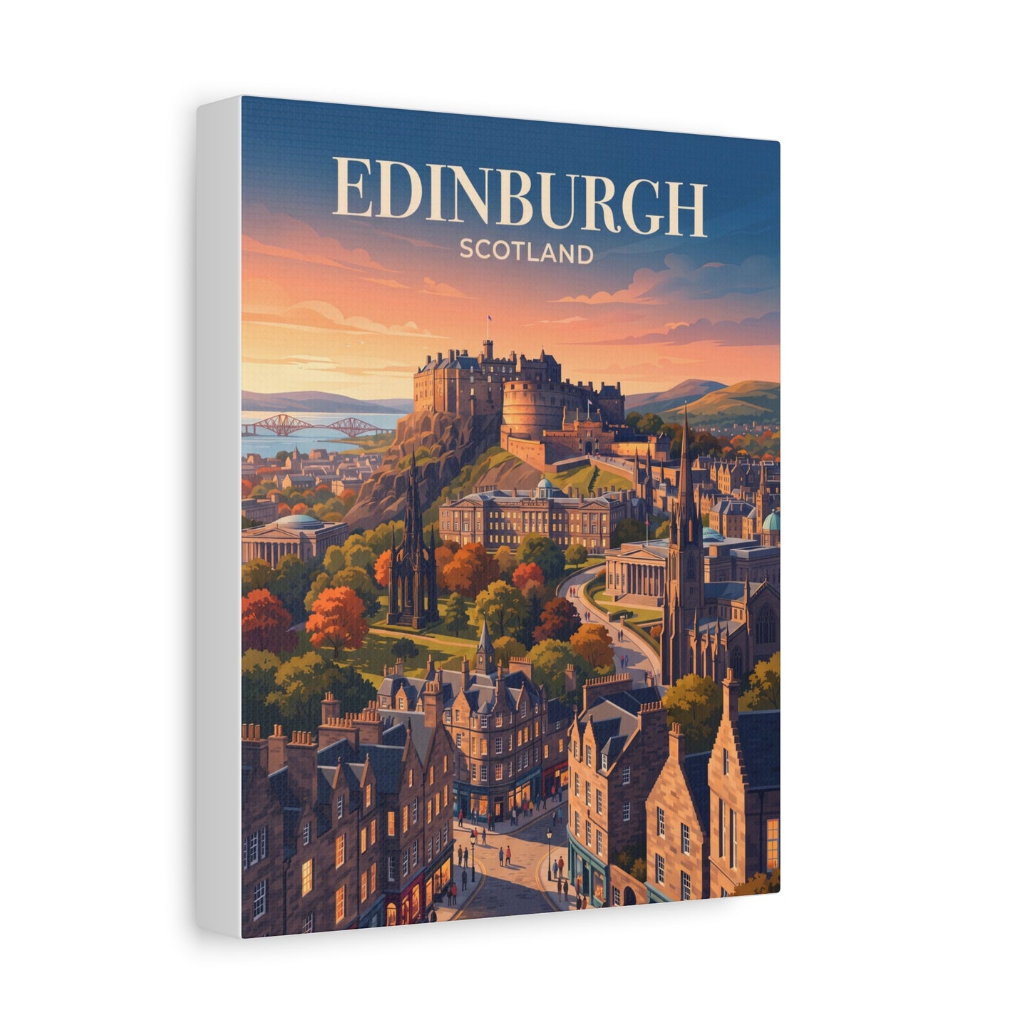 Matte canvas wall art featuring Edinburgh skyline with 'EDINBURGH' and 'SCOTLAND' text
