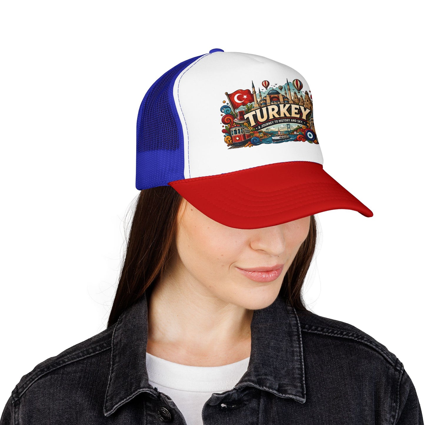 Blue and red mesh trucker hat with colorful Turkey logo patch and curved brim